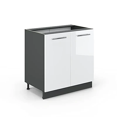 Image of Vicco Sink base cabinet Fame Line, White High Gloss/Anthracite, 80 cm with shelf, without worktop