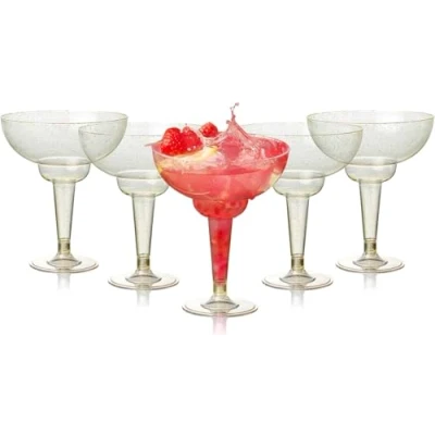 Image of MATANA 48 Elegant Plastic Margarita Cocktail Glasses with Gold Glitter (360ml / 12oz) Sturdy &amp; Reusable Daiquiri Martini for Weddings Birthdays, Christmas Outdoor Parties