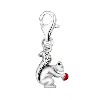 Image of Quiges 925 Sterling Silver Red Enamel 3D Squirrel Lobster Clasp Charm Clip on Pendant