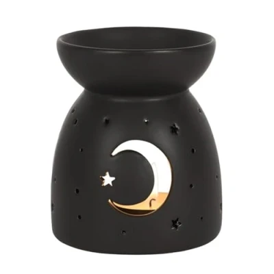 Image of something different Mystical Crescent Moon &amp; Stars Cut Out Design Black Ceramic Oil Burner 10.5cm x 9.5cm (1 Pc.) Premium Quality Material Ideal for Aromatherapy, Home Decor Accent Gift