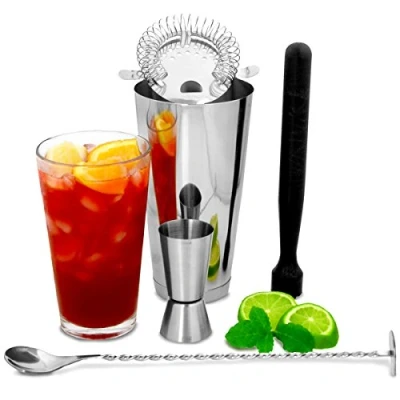 Image of Boston Cocktail Shaker Set with Jigger Measure by bar@drinkstuff Making Kit, Starter Pack Bar Accessories includes Shaker, Muddler, Mixing Spoon, Strainer &amp;