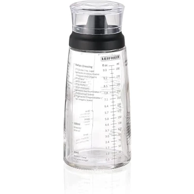 Image of Leifheit Salad dressing Shaker, 5 Imprinted Recipes, Glass Bottle, Non Drip Spout, Dishwasher Safe, Black Transparent, 300 ml Measuring, Pots, maker
