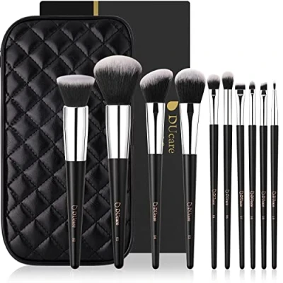 Image of DUcare Makeup Brush Set 10Pcs Professional Brushes with Case Women Gift Premium Synthetic Kabuki Foundation Blending Face Powder Blush Concealers Eye Shadows Bag