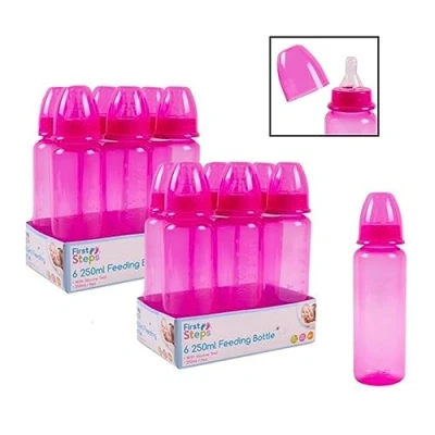Image of Pack of 12 Pink Baby Feeding Bottles 250ml with Silicone Teat 9oz Measuring Gauge BPA Free