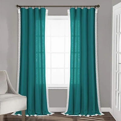 Image of Lush Decor Turquoise Rosalie Window Curtains Farmhouse, Rustic Style Panel Set for Living, Dining Room, Bedroom (Pair), 84 x 54, 84&quot; 54&quot;