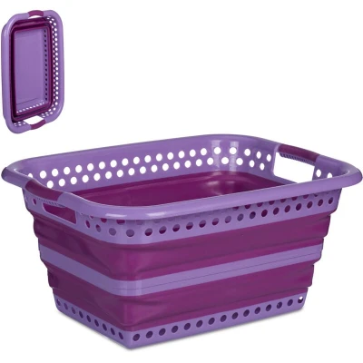 Image of Relaxdays Laundry Basket Foldable, 35L, Plastic Tub, Space Saving Folding with Handles, 27.5 x 60.5 45 cm, Purple/Pink