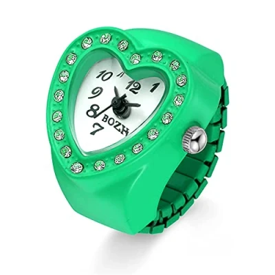 Image of JewelryWe Men Women Finger Watch Heart Shape Rhinestone Quartz Analog Ring Watches, Adjustable Size