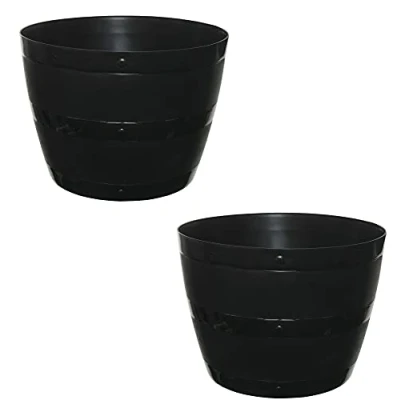 Image of Optimal Products Black Plastic Planter Plant Pot Tub Garden Patio Out Or Indoor Barrel Flower 35cm &amp; 50cm (50cm (2 Planter) Black)