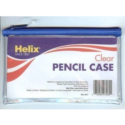 Image of HELIX CLEAR EXAM PENCIL CASE ASSORTED COLOURED ZIPS TRANSPARENT 203 x 127mm BLUE