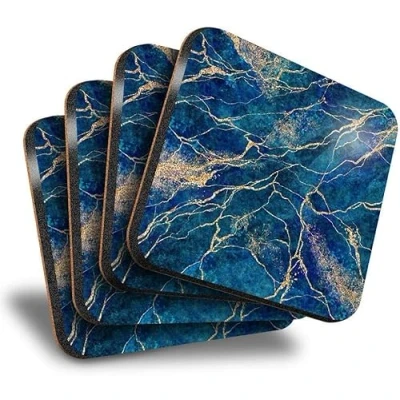 Image of Sawfish® Coaster Set of 4 Square Navy Blue Marble Stone Effect Drink Glossy Coasters/Tabletop Protection for Any Table Type