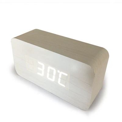 Image of blanc Numérique Réveil Bois Réglable Luminosité Contrôle Vocal LED Horloge Rectangle Affichage Temps Température Décor À La Maison