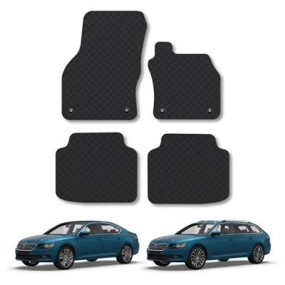 Image of Rubber Car Mats Compatible with Skoda Superb (2015+) Tailored Fit Floor Set Accessory Black Custom 4 Pieces Clips Anti Slip Backing, Heavy Duty &amp; Waterproof
