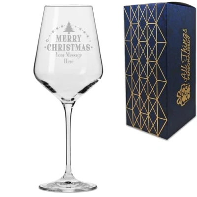 Image of Personalised Engraved Novelty Christmas 390ml Crystal Wine Glass with Merry Tree Design, Customise Any Name or Message, Gift Box Included, Laser
