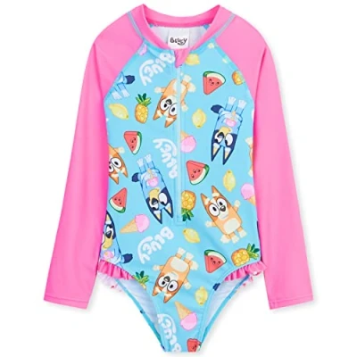 Image of Bluey Girls Swimming Costume, Comfortable One Piece Swimwear (Pink/Blue, 7 8 Years)