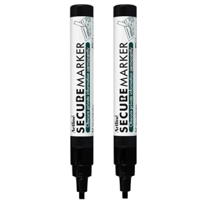 Image of Artline Pack of 2 Secure Markers (Black) for Redacting Private Information Permanently, Permanent Markers, Concealing and Protecting Confidential Information, 4mm Chisel Nib