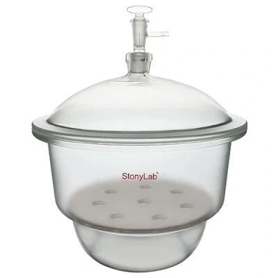 Image of stonylab Glass Vacuum Desiccator, Lab Desiccator with Valve and Porcelain Plate ID: 300 mm for Laboratory Research