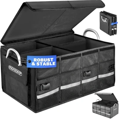 Image of MONZANA® Foldable Car Boot Organiser Bag with Lid 68 Litre Capacity Dividers 60x35x30cm Waterproof Reinforced Side Walls Non Slip Base Tools Shopping Black