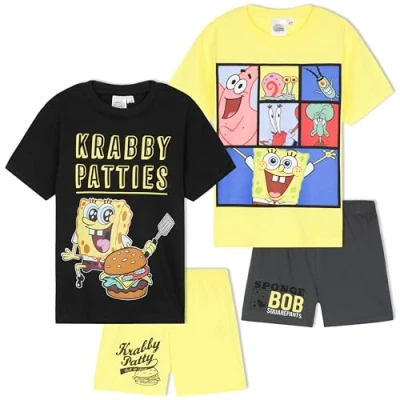 Image of Get Trend PJs for Boys Pack of 2 Short Sleeve Pyjamas Set Kids Lounge Sets Nightwear Soft Comfy Sleepwear Gifts (7 8 Years, Multi SpongeBob, 2)