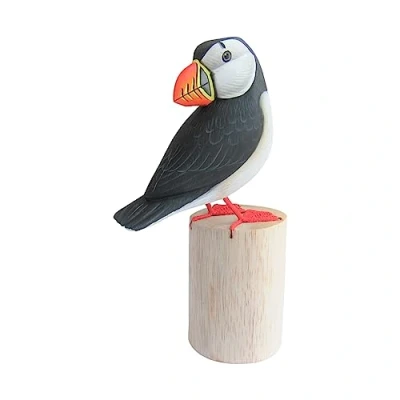 Image of Brave Wings Hand Carved Wooden Bird Puffin on Tree Stump OOAK Ornament Sculpture Figurine Statue Unique Table Decoration Home Decor Gift for Christmas and Birthdays 4394