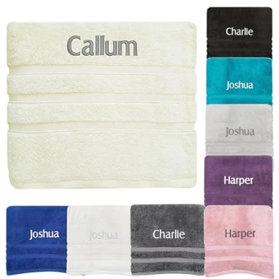 Image of JJLC Personalised Bath Hand Towels Sets Embroidered Name (Bath Towel, Cream)