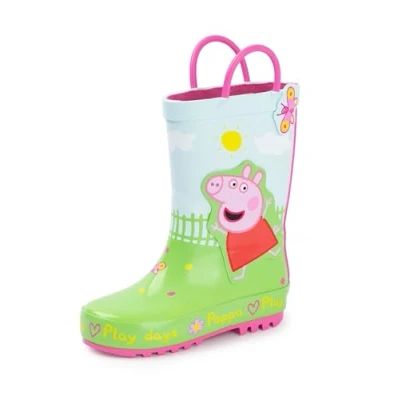Image of Peppa Pig Kids Wellington Boots Childrens Handle Wellies and George Print Multicoloured Water Resistant Pull On Rubber for Boys &amp; Girls Animation Movie Merchandise Gift