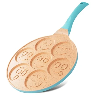 Image of joeji&#039;s Kitchen 7 Hole Pancake Pan 26cm Smiley Faces Mold Non Stick and Induction Suitable Lightweight Cast Aluminium Mini Pancakes Fun Kids Breakfast Blue