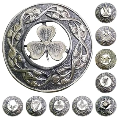 Image of Men,s Scottish Irish Shamrock Kilt Brooch Fly Plaid Antique Finish 3&quot; (7cm) diameter S