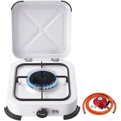 Image of NJ 01 Camping Gas Stove Portable Single Burner Cooker Hob with Lid for Outdoor LPG 2.2 kW (Propane 37mbar Clip on 27mm)