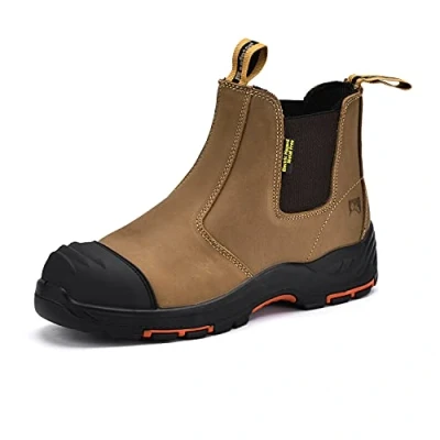 Image of SAFEYEAR Heavy Duty Men Safety Work Boots, S3 Tan Site Dealer Trainer Shoes, 4E Wide Fit Composite Toe Cap, Laceless Slip On Waterproof Leather for Construction, Comfortable Gel Insole