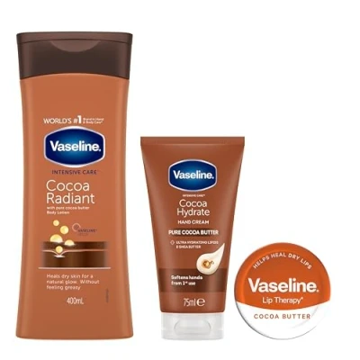 Image of Vaseline Intensive Care Cocoa Radiant Body Lotion, Healthy Hands &amp; Lip Therapy Regime Bundle 3 Piece