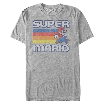Image of Nintendo Men&#039;s Super Mario Running Retro Stripe T Shirt, Athletic Heather, S