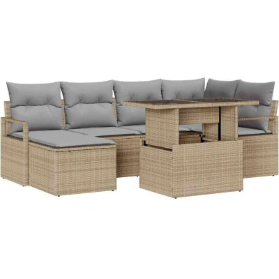Image of vidaXL 7 Piece Garden Sofa Set with Cushions Beige Poly Rattan