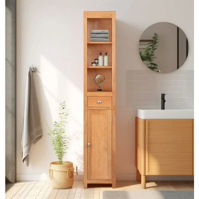 Image of Hallowood Furniture Waverly Slim Bathroom Storage Unit, Wooden Tall Cabinet Free Standing, Narrow Hallway Unit with Display &amp; Drawer,