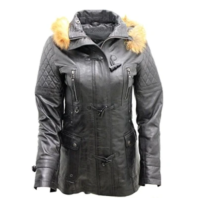 Image of Infinity Women’s Detachable Hood Quilted Navy Blue Leather Parka Jacket 8