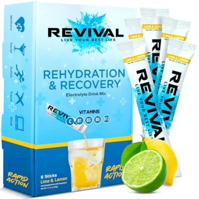 Image of Revival Rapid Rehydration Electrolytes Powder High Strength Vitamin C, B1, B3, B5, B12 Supplement Sachet Drink, Effervescent Electrolyte Hydration Tablets 6 Pack Lemon Lime