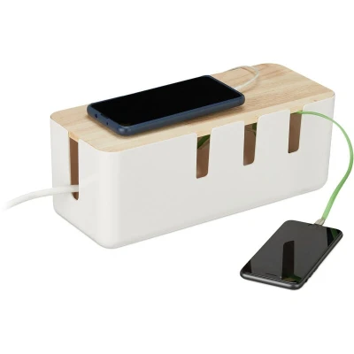 Image of Relaxdays Cable Box, for 2 Socket Strips, Wooden Lid, Plastic, Hide, Organise Desk, HxWxD: 11.5 x 30.5 12.5 cm, White, 80% 20% Wood