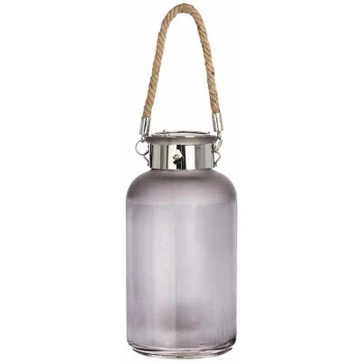 Image of Hill 1975 Frosted Grey Glass Jar with Rope Detail and LED Lights, Mixed, 10 x 20cm