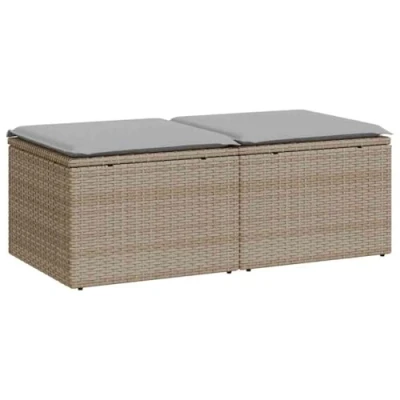Image of vidaXL 2 Piece Beige Garden Sofa Set with Cushions Poly Rattan/Acacia Patio Outdoor Seating Storage