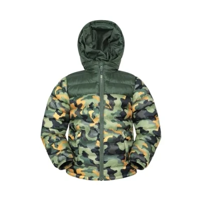 Image of Mountain Warehouse Printed Seasons Boys Padded Jacket Water Resistant Puffer Coat, Lightweight Microfiber Filling with Elasticised Cuffs &amp; Two Front Pockets Dark Khaki Teen Size 13 Years