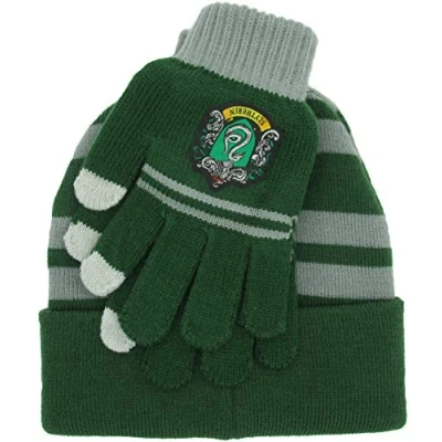Image of Harry Potter Complete HAT and GLOVES Adult Size House of SLYTHERIN Original 100% Official Draco Malfoy School Magic Hogwarts