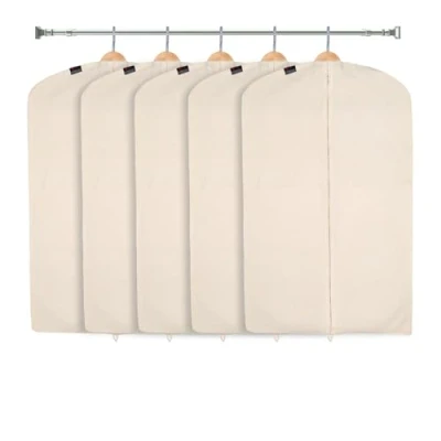 Image of CARASELLE Deluxe 100% Natural Cotton Clothes Cover Protector Bag with Zip, Moth Proof Garment Covers Wardrobe Storage for Suits/Short Dress, Suit Men (99 x 60 cm, pack of 5)