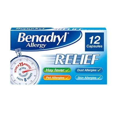 Image of Benadryl Allergy Relief Capsules (1 x 12 Capsules), Antihistamine with Acrivastine, Hayfever for from Hay Fever Symptoms, Suitable Pet, Dust, and Skin Allergies
