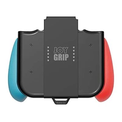 Image of Skull &amp; Co. JoyGrip for Nintendo Switch and OLED Joy Con Controller: Rechargeable Handheld Joystick Remote Control Holder with Interchangeable Grips Neon Blue (L)+Neon Red (R)