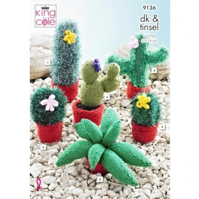 Image of King Cole Tinsel Chunky &amp; DK Knitting Pattern Small or Large Cacti Decorations (9136)