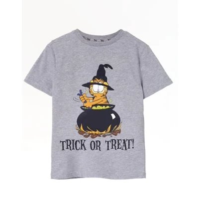 Image of Garfield Kids Grey T Shirt Trick Or Treat Halloween Short Sleeve Graphic Tee for Children Cartoon Comfortable Seasonal Black Top Spooky Merchandise Gift Boys and Girls
