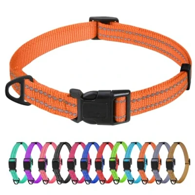 Image of TagMe Reflective Nylon Dog Collars, Adjustable Classic Collar with Quick Release Buckle for Extra Small Dogs, Orange, 1.5 cm Width