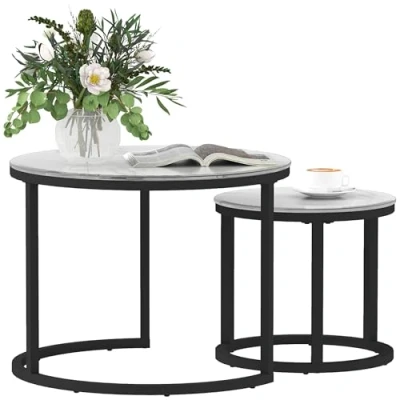 Image of HOMCOM Glass Coffee Table Set of 2, Round Nest Tables with Marble Effect Tempered Tabletop and Steel Frame, Modern Side for Living Room, White