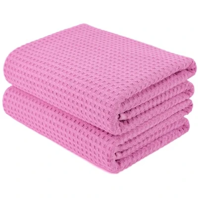 Image of POLYTE Microfibre Oversize Quick Dry Lint Free Bath Towel, 76 x 152 cm, Set of 2 (Pink, Waffle Weave)