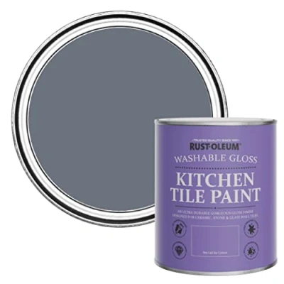 Image of Rust Oleum Grey Water Resistant Kitchen Tile Paint in Gloss Finish Marine 750ml