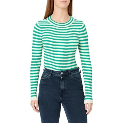 Image of PIECES Women&#039;s Pccrista LS O Neck Knit Noos Bc Sweater, Parakeet/Stripes: with Birch Stripes M, XS